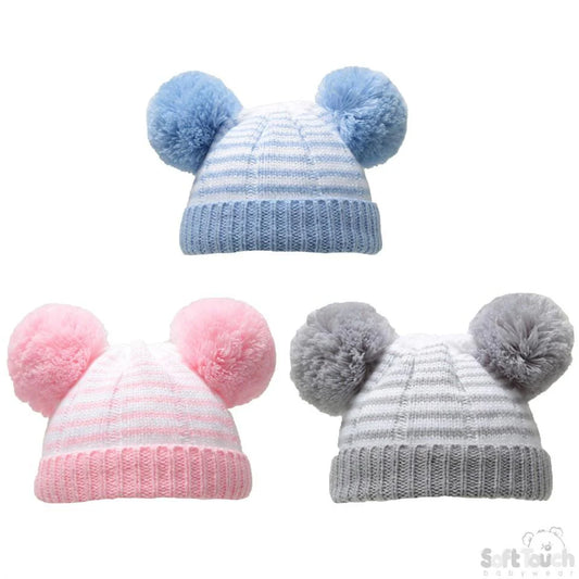 Striped Double Pom Pom Hat